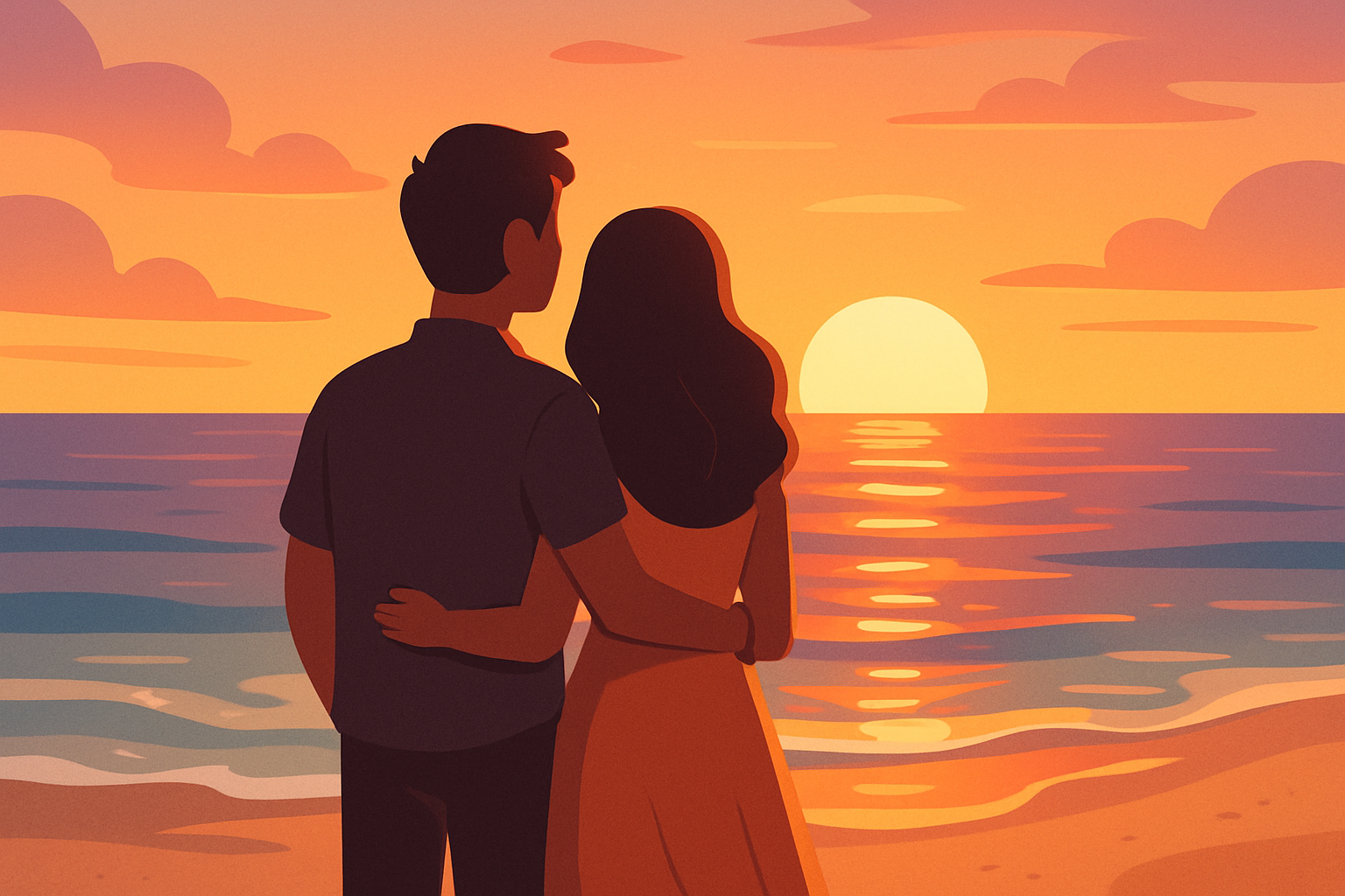 Clean, modern, cartoon couple looking into a sunset while at the beach.