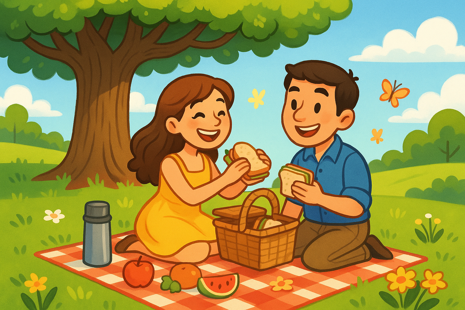 Happy cartoon couple on a picnic date